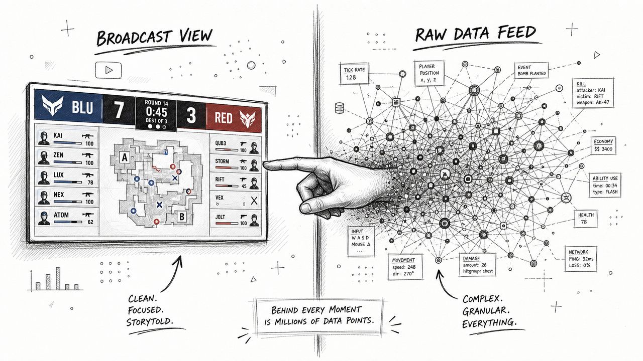A conceptual illustration contrasting the simplified broadcast view of an esports match with complex raw data.
