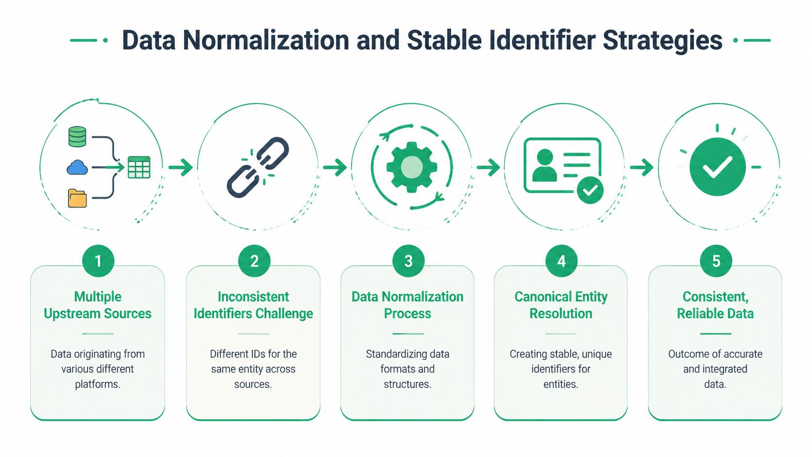 A diagram illustrating the five-step process of data normalization and creating stable identifiers for integrated data.