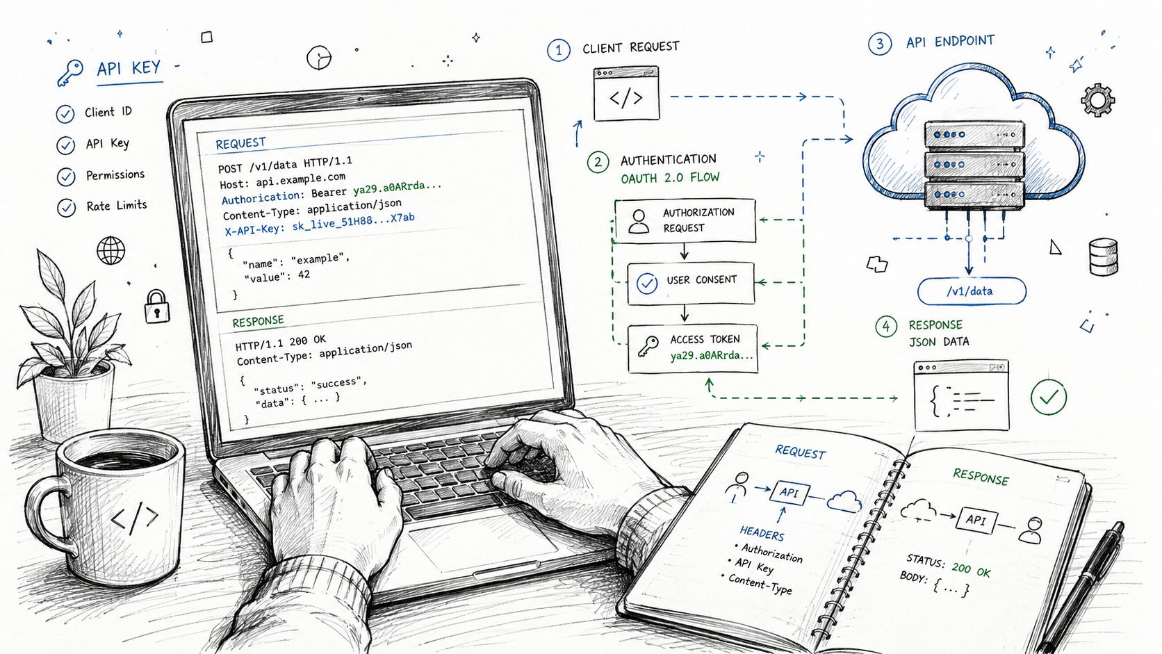 A hand-drawn illustration showing a developer workspace with a laptop displaying API code and authentication documentation.