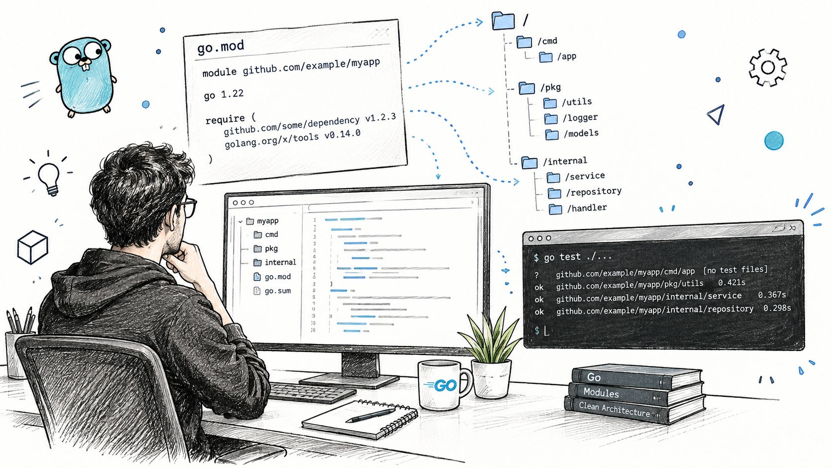 A developer studying Go programming architecture with a project directory, go.mod file, and test terminal output.