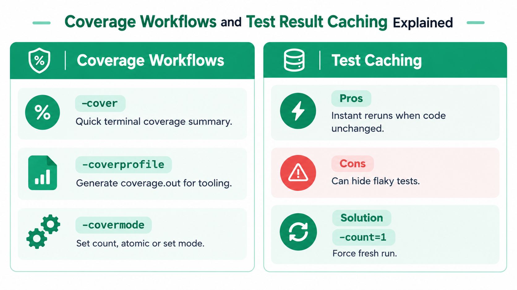 A diagram explaining Go coverage workflows and test result caching with associated command line flags.